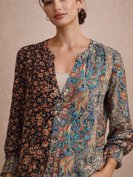 Tops - Paisley Boho Blouse Multicolor Stretch Top Size L Soft Knit